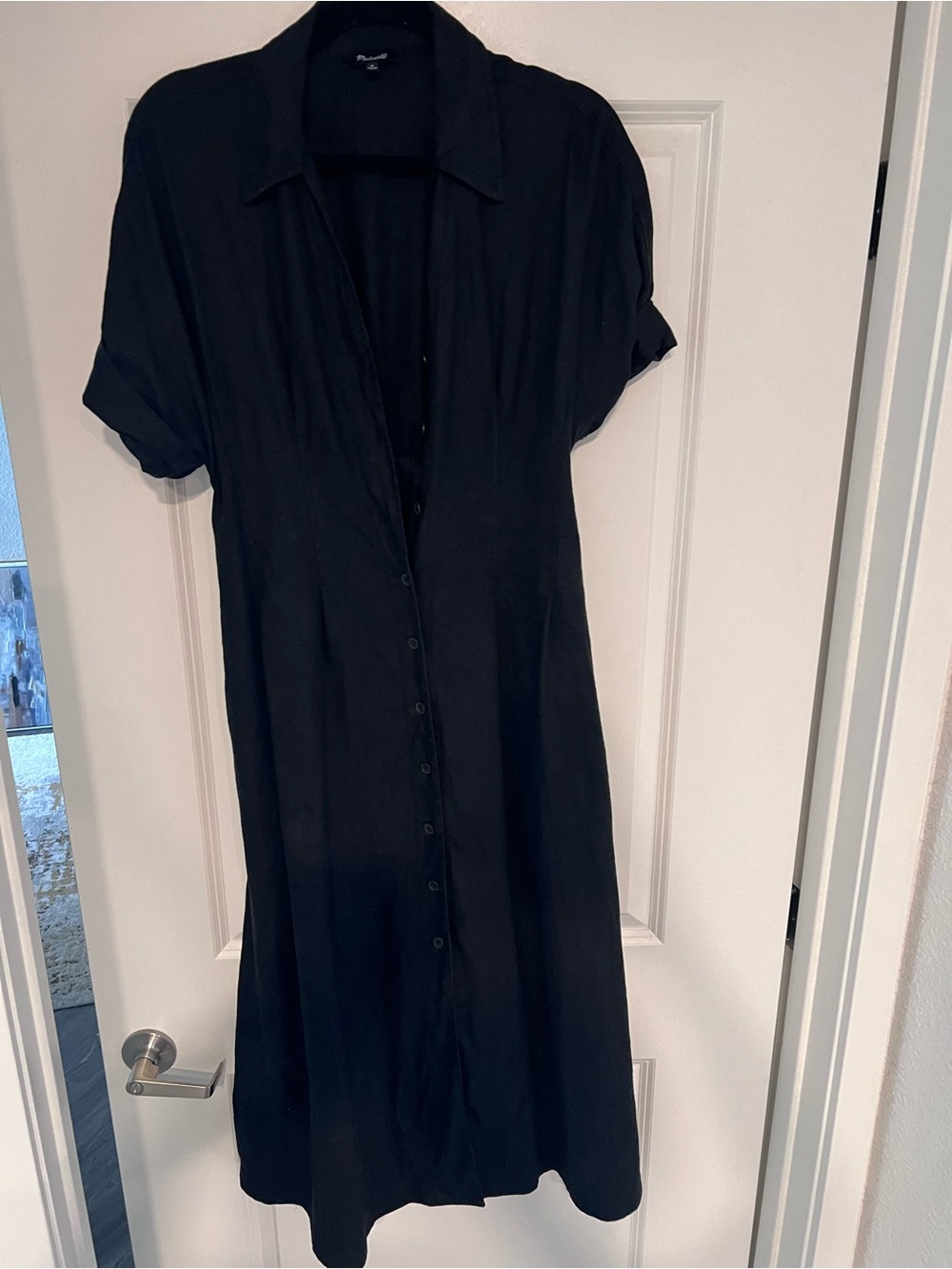 Madewell Black Short-Sleeve Button-Down Linen Midi Shirt Dress
